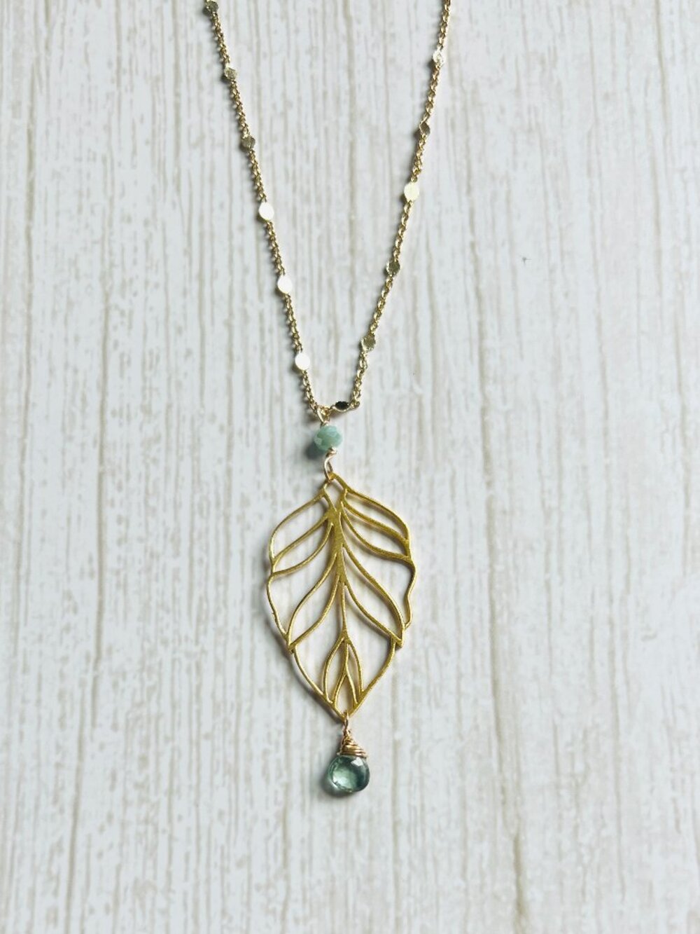 Green Amethyst Leaf Necklace | Gold filled satellite chain necklace | autumn